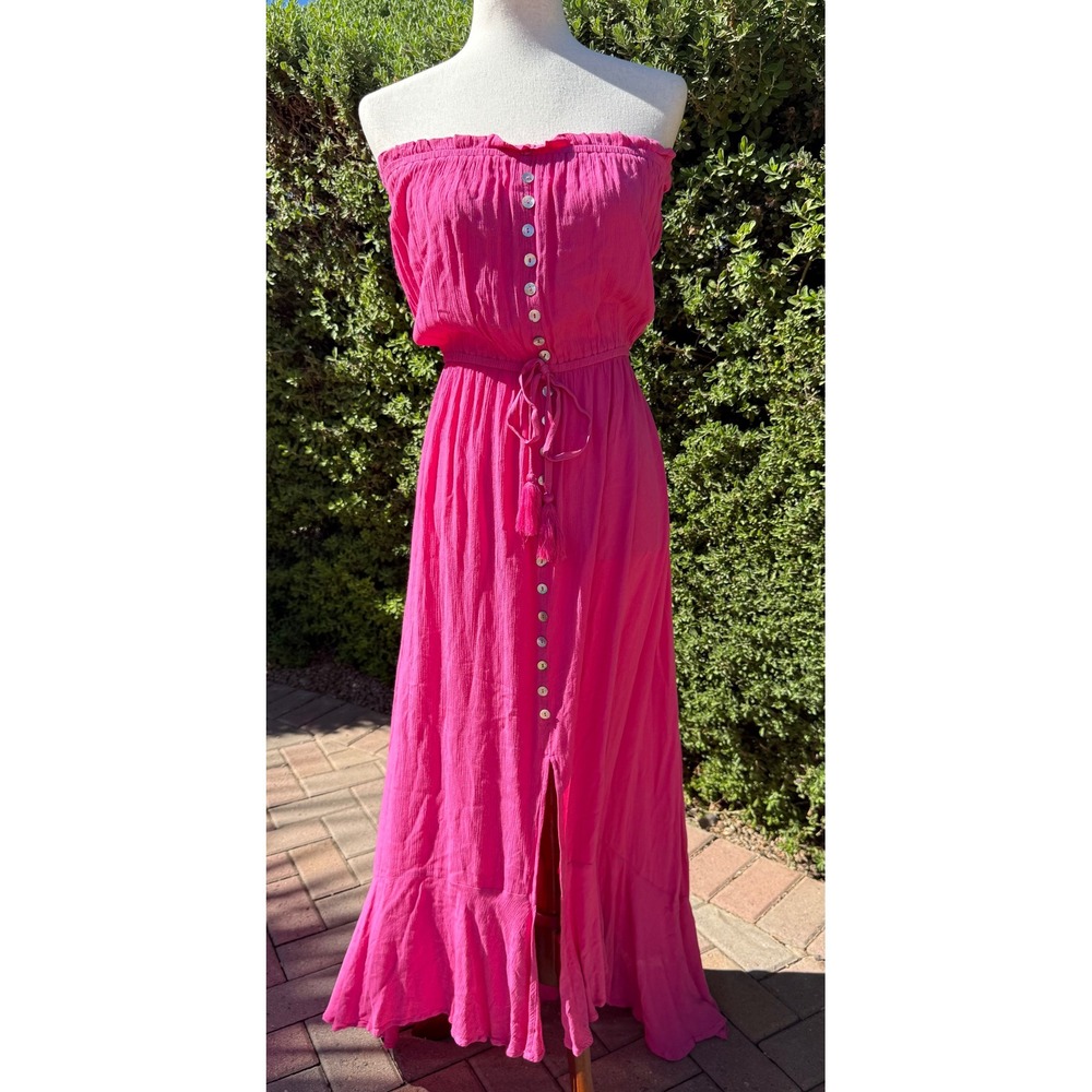 NWT Elan Hot Pink Strapless Boho Beach Maxi Dress Tassel Drawstring Medium $66